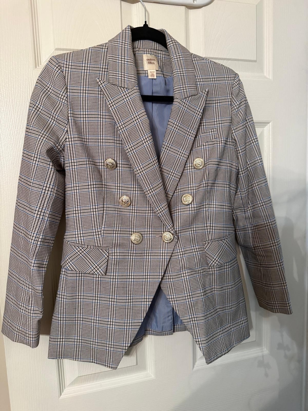 Double-Breasted Plaid Blazer in Beige and Navy